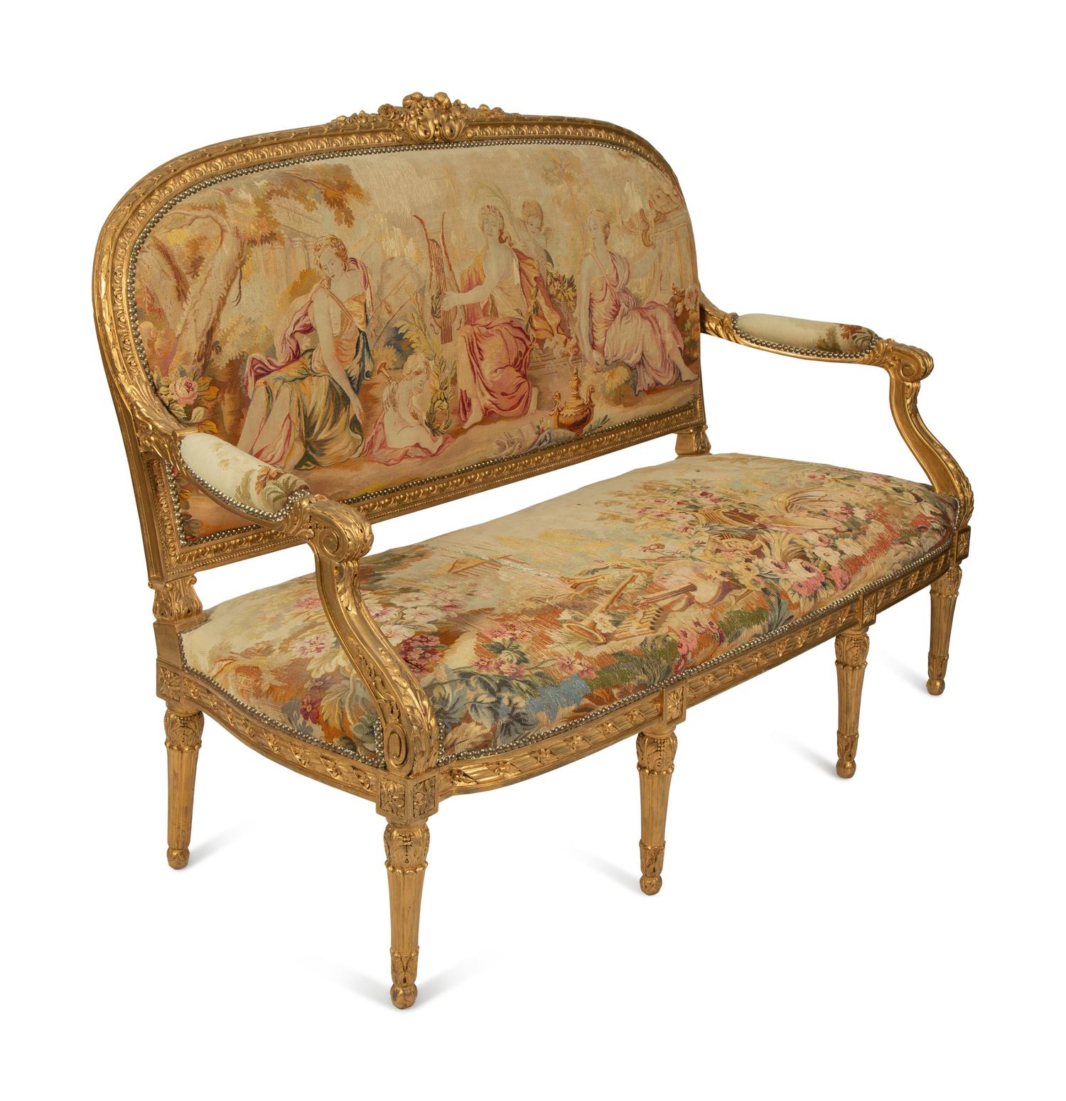 A Louis XVI Style Giltwood Settee with Tapestry Upholstery — 19TH CENTURY