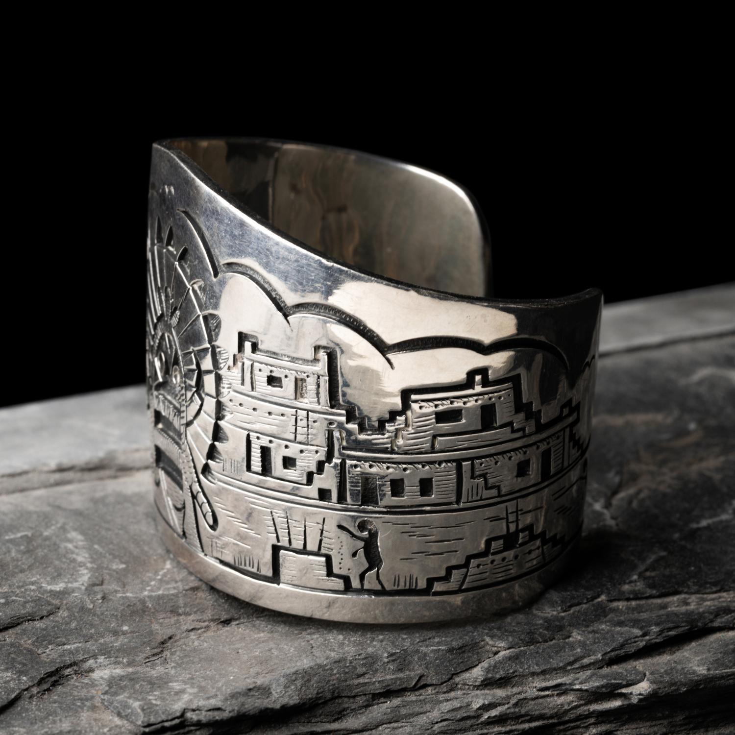 Victor Coochwytewa (Hopi, 1922-2011) — Silver Overlay Katsina and Pueblo Cuff Bracelet