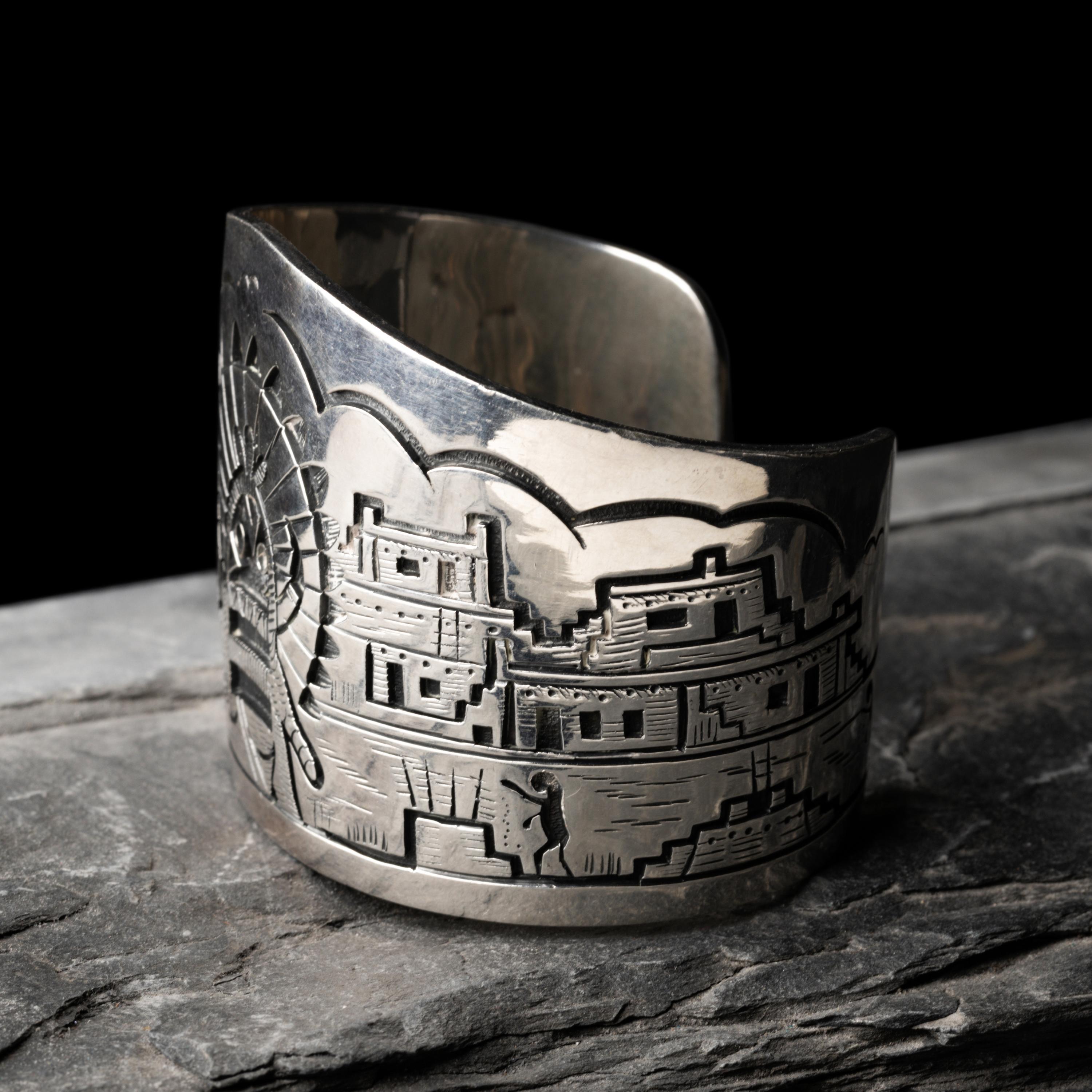 Victor Coochwytewa (Hopi, 1922-2011) — Silver Overlay Katsina and Pueblo Cuff Bracelet