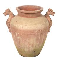 A Pair of Terracotta Garden Urns with Gryphon Handles Height 25 x diameter 18 inches.