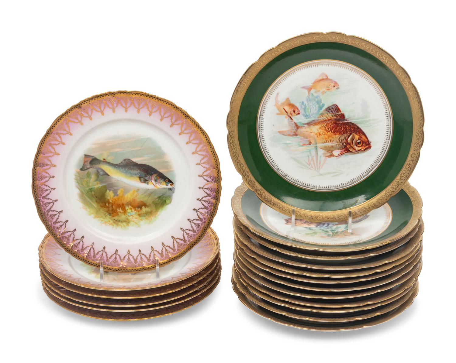 Two Hand-Painted Porcelain Fish Services