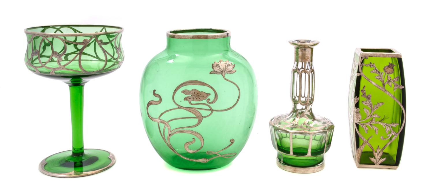 A Group of Four Silver Overlay Glass Articles Height of tallest 6 1/8 inches.
