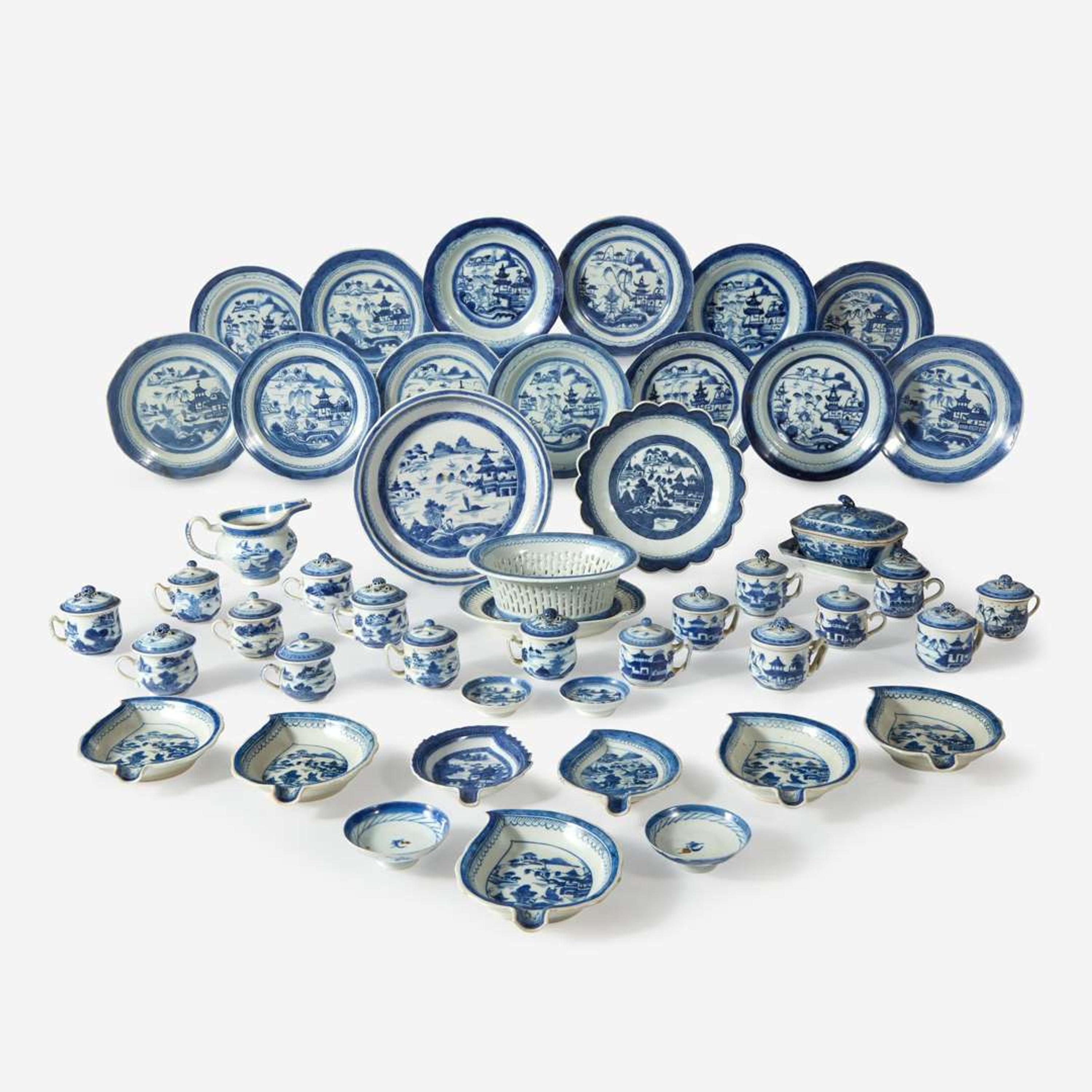 A collection of forty-eight Chinese Export Canton porcelain tablewares 19th century