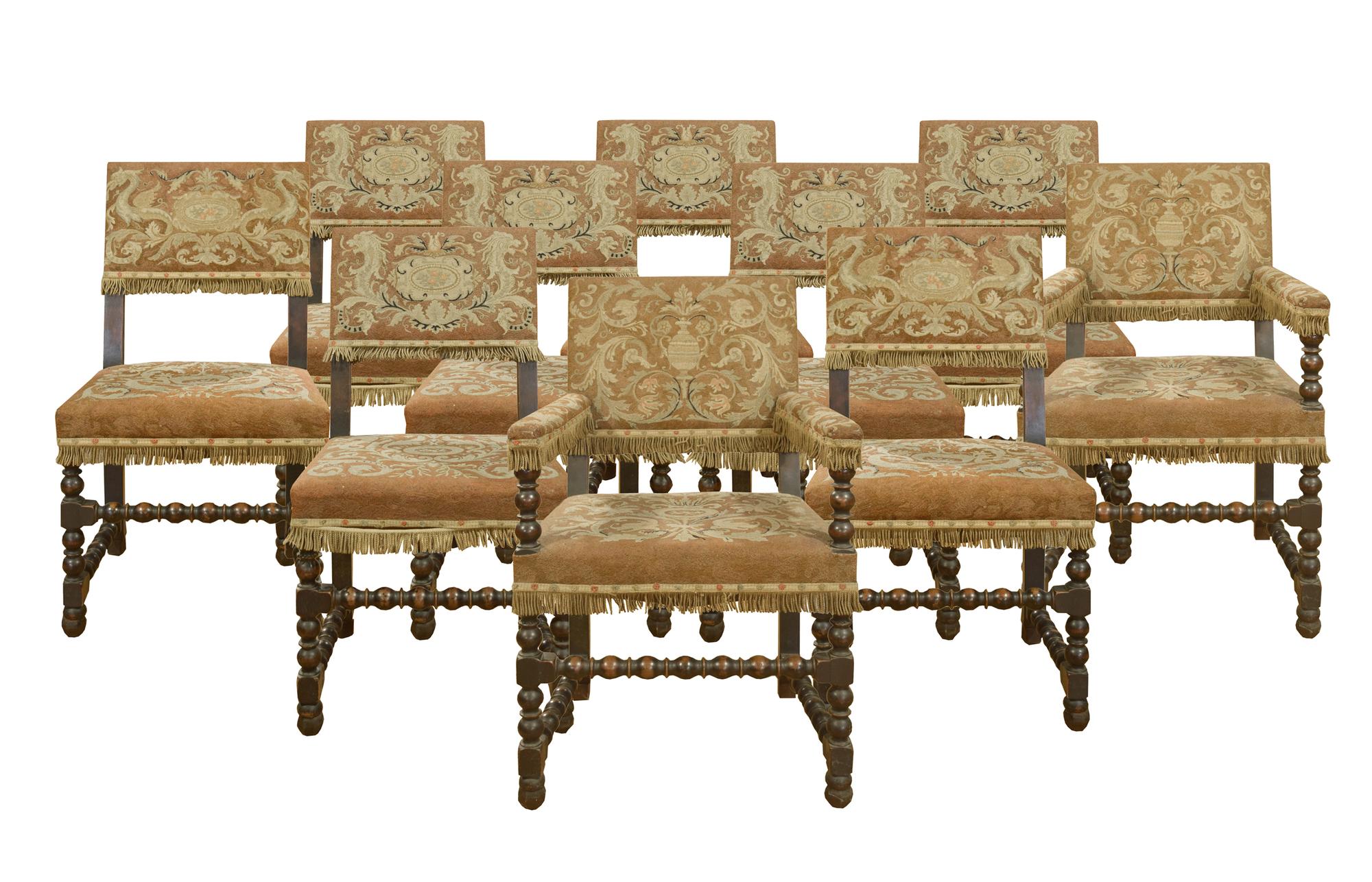A Set of Twelve Tudor Style Dining Chairs 21" W x 18" D x 41" H — England, Circa 1920