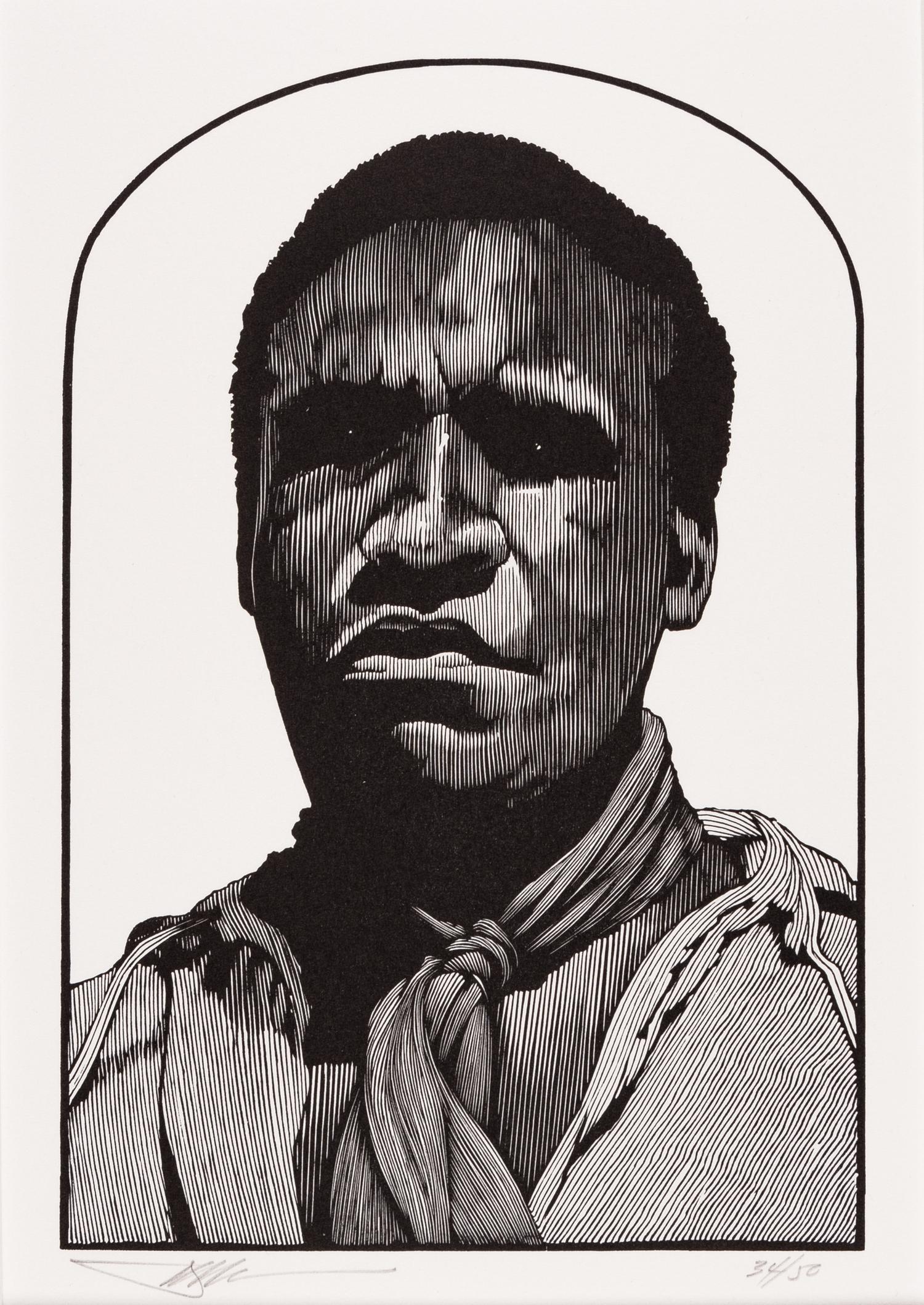 [MOSER, Barry, illustrator]. Jim, Alone. Wood engraving from the Pennyroyal Press Adventures of Huckleberry Finn . [West Hatfield, MA: Pennyroyal Press, 1985]. 382 x 288 mm. Matted. Signed by Moser and numbered (“34/50”). The model for the subject is the American playwright, screenwriter and actor Samm Art William, who starred in the role of Jim in the PBS American Playhouse drama “The Adventures of Huckleberry Finn” in 1986.