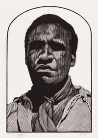 [MOSER, Barry, illustrator]. Jim, Alone. Wood engraving from the Pennyroyal Press Adventures of Huckleberry Finn . [West Hatfield, MA: Pennyroyal Press, 1985]. 382 x 288 mm. Matted. Signed by Moser and numbered (“34/50”). The model for the subject is the American playwright, screenwriter and actor Samm Art William, who starred in the role of Jim in the PBS American Playhouse drama “The Adventures of Huckleberry Finn” in 1986.