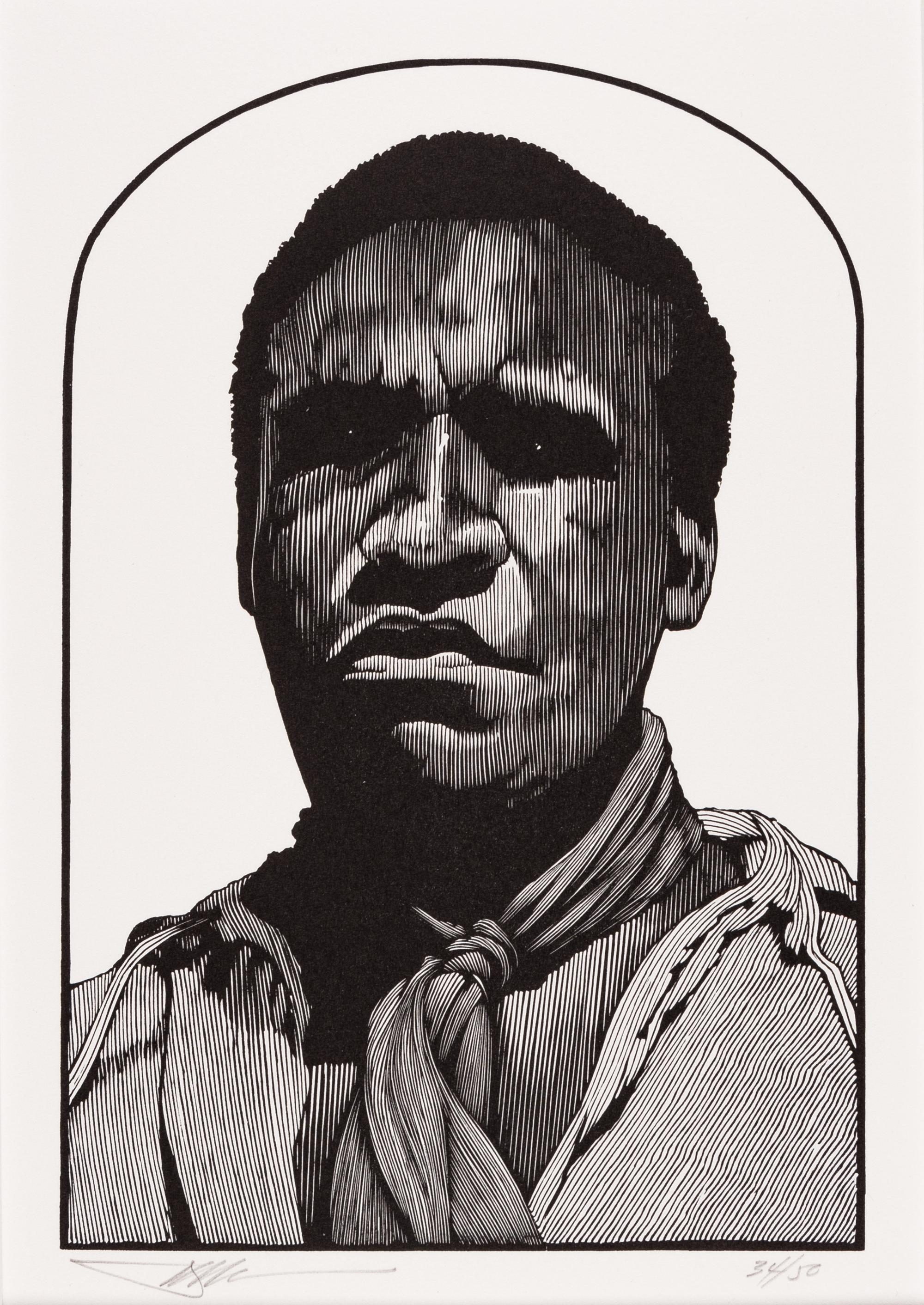 [MOSER, Barry, illustrator]. Jim, Alone. Wood engraving from the Pennyroyal Press Adventures of Huckleberry Finn . [West Hatfield, MA: Pennyroyal Press, 1985]. 382 x 288 mm. Matted. Signed by Moser and numbered (“34/50”). The model for the subject is the American playwright, screenwriter and actor Samm Art William, who starred in the role of Jim in the PBS American Playhouse drama “The Adventures of Huckleberry Finn” in 1986.