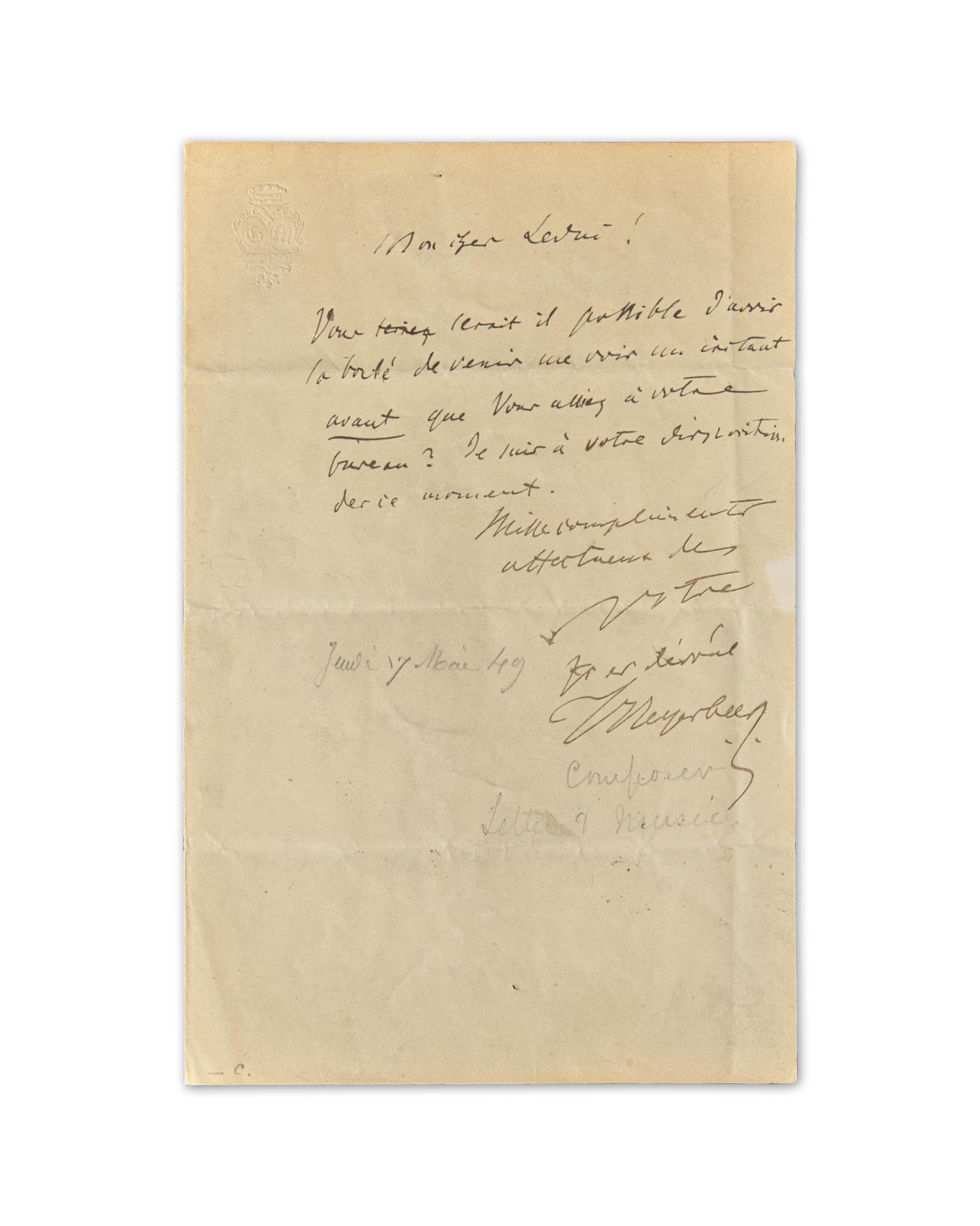 [Music] Meyerbeer, Giacomo Autograph Music Quotation, signed