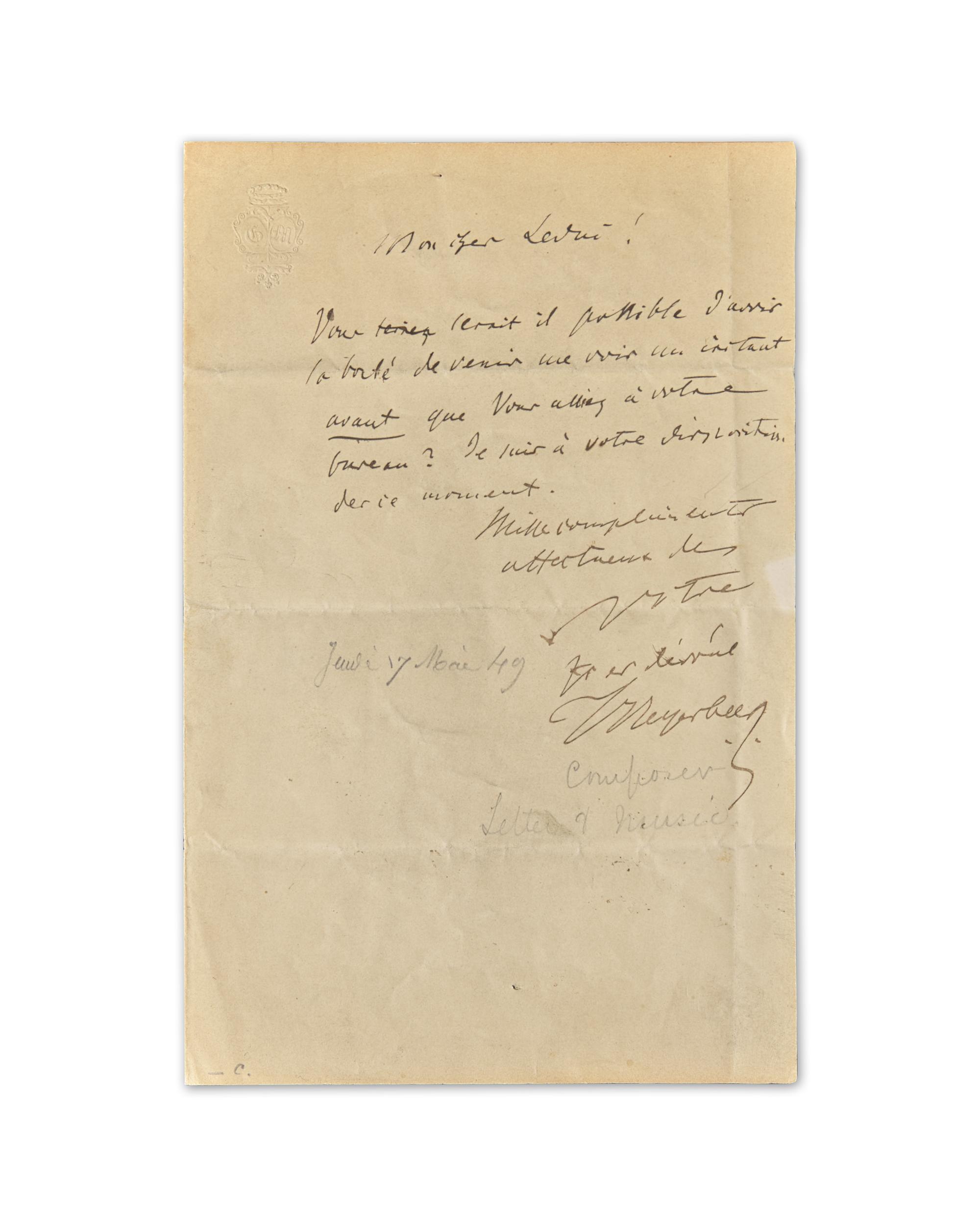 [Music] Meyerbeer, Giacomo Autograph Music Quotation, signed