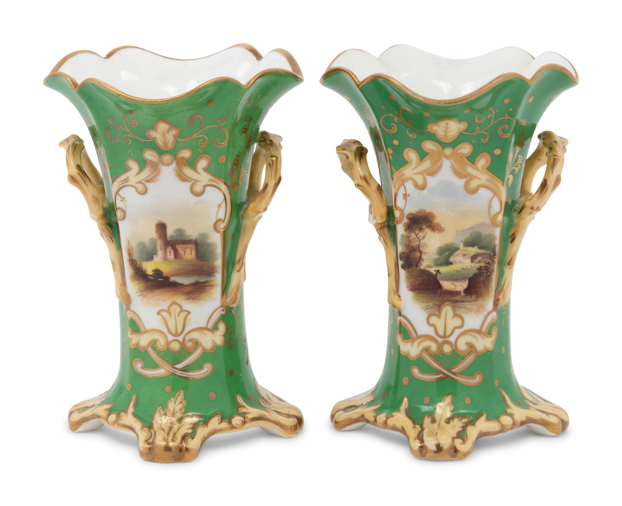 A Pair of English Rockingham Parcel Gilt Porcelain Topographical Vases