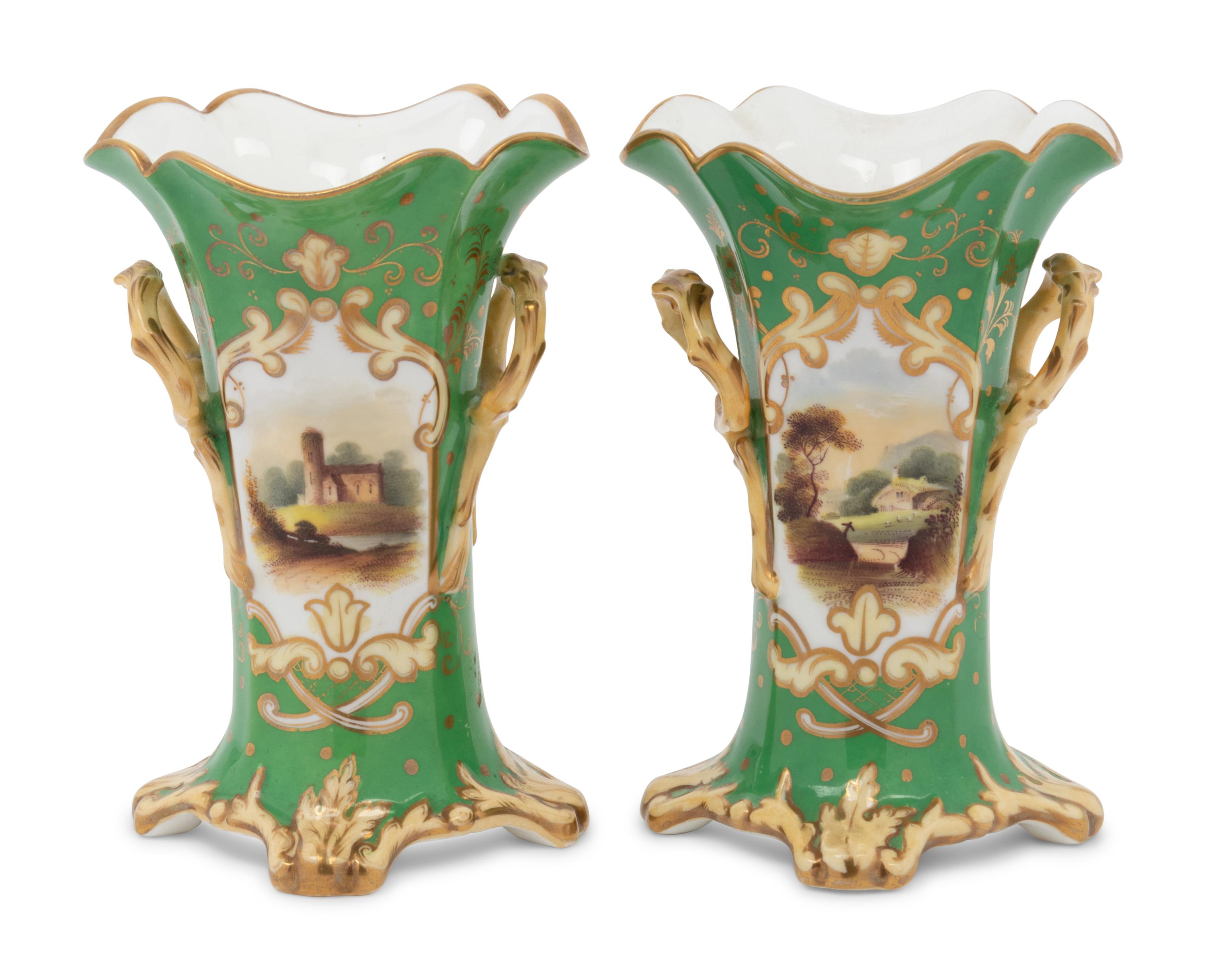 A Pair of English Rockingham Parcel Gilt Porcelain Topographical Vases