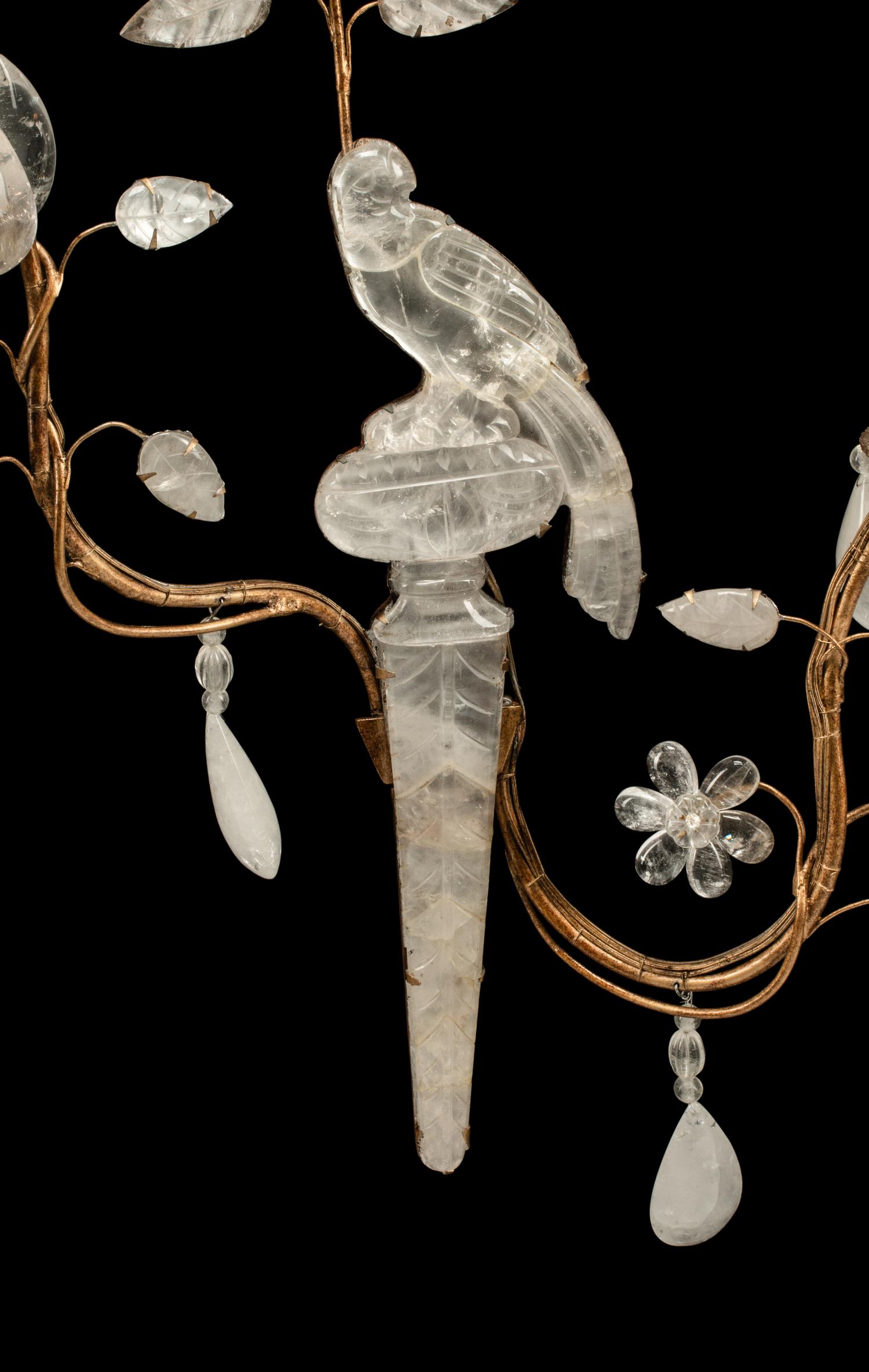 A Pair of Gilt Metal and Rock Crystal Two-Light Sconces