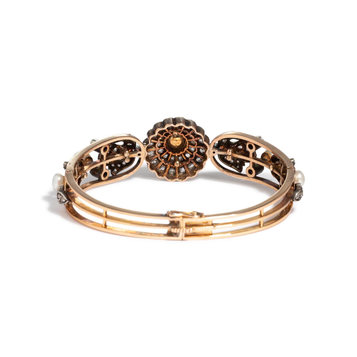 FRENCH, ANTIQUE, DIAMOND AND PEARL BANGLE BRACELET