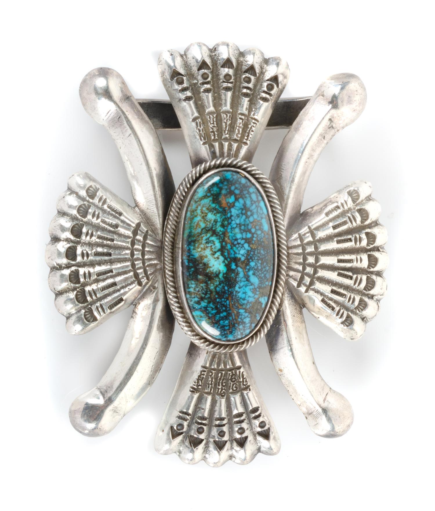 Southwestern Silver and Turquoise Belt Buckle Height 2 3/4 x 3 3/4 inches
