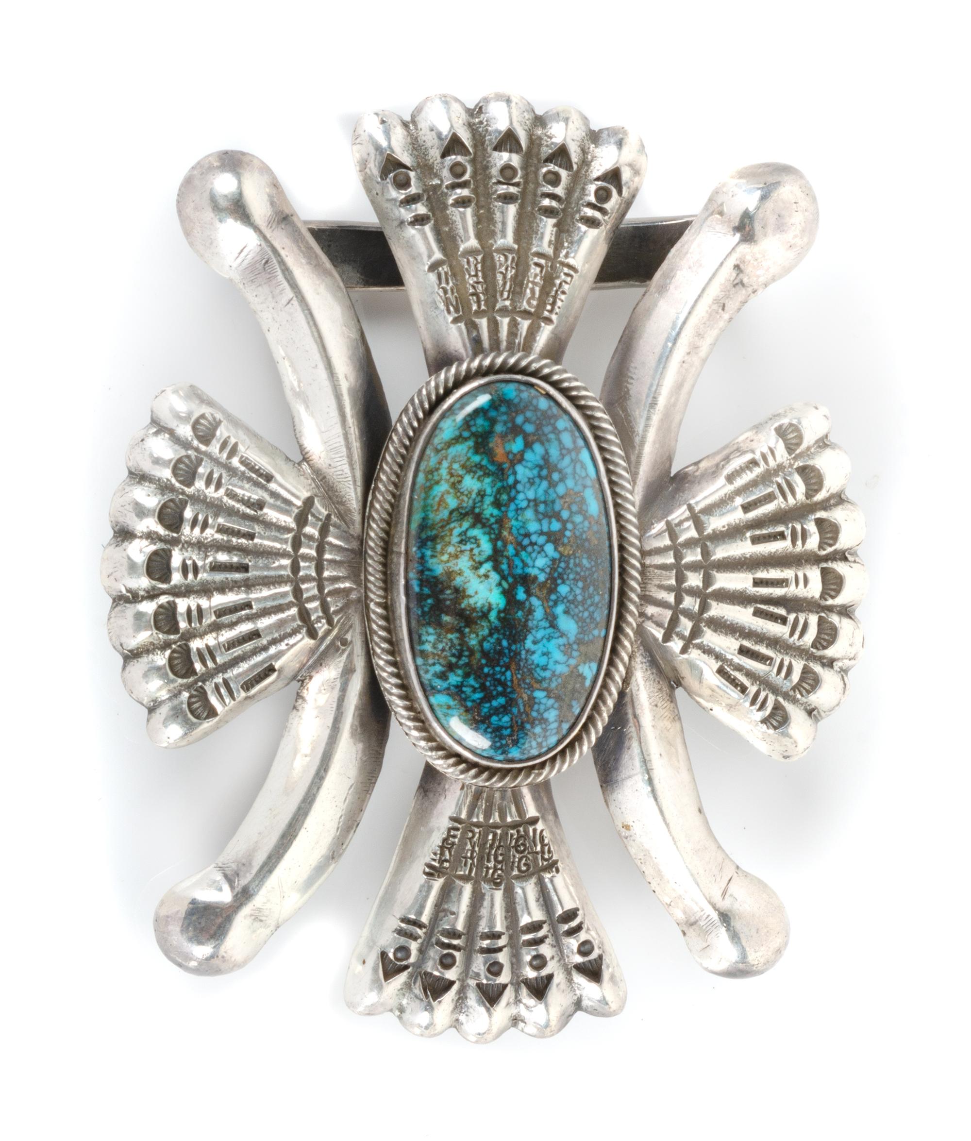 Southwestern Silver and Turquoise Belt Buckle Height 2 3/4 x 3 3/4 inches