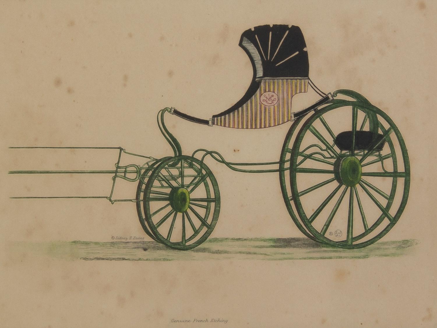 Nine French Handcolored Engravings, Sidney Z. Lucas, Height 5 3/4 x width 7 7/8 inches (visible).