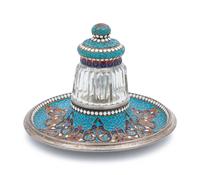 A Russian Silver, Enameled and Cut Glass Inkwell