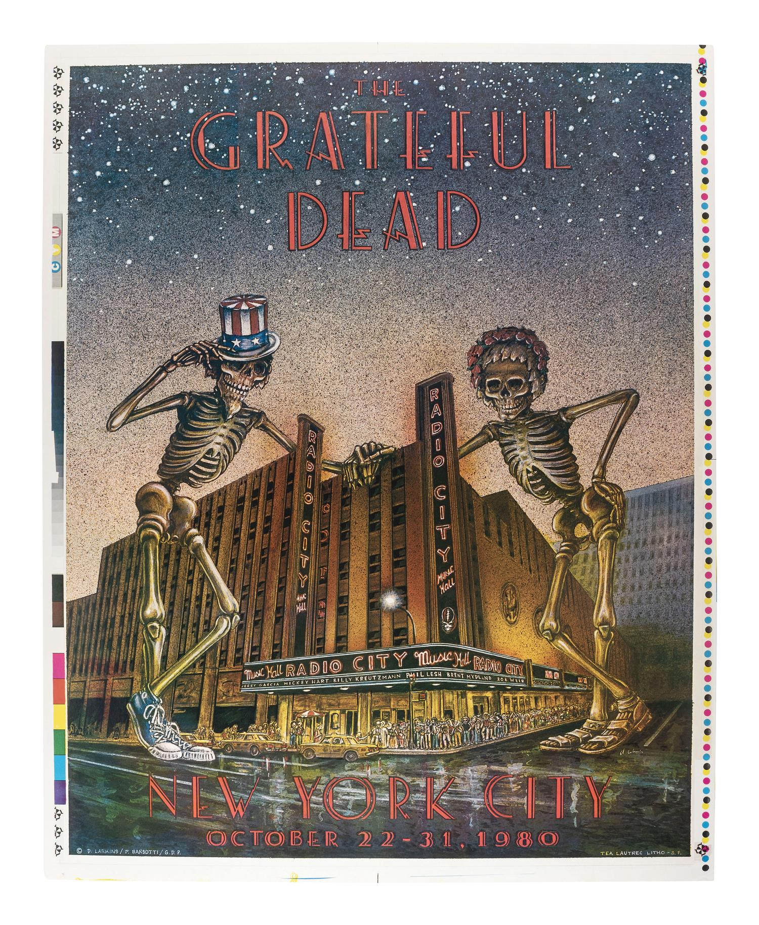 [MUSIC] -- [POSTERS]. LARKINS, Dennis, and BARSOTTI, Peter, artists. A group of 2 Grateful Dead posters promoting shows at the Warfield Theater and Radio City Music Hall (UNCUT) in 1980.
