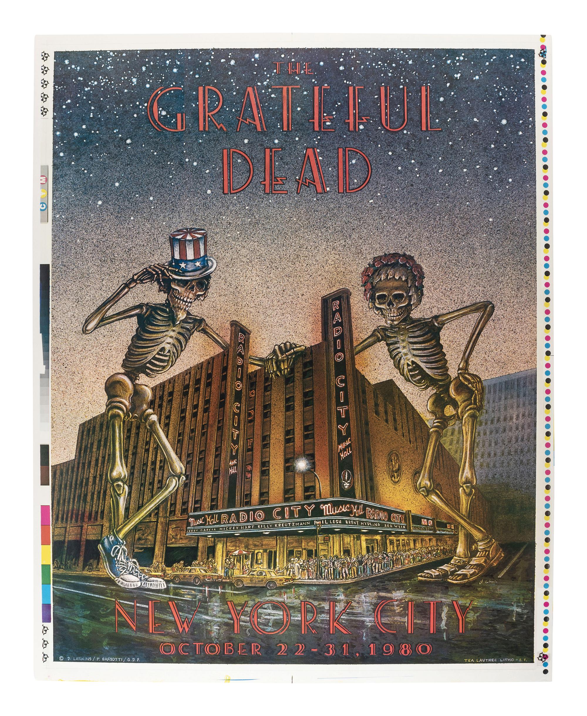 [MUSIC] -- [POSTERS]. LARKINS, Dennis, and BARSOTTI, Peter, artists. A group of 2 Grateful Dead posters promoting shows at the Warfield Theater and Radio City Music Hall (UNCUT) in 1980.