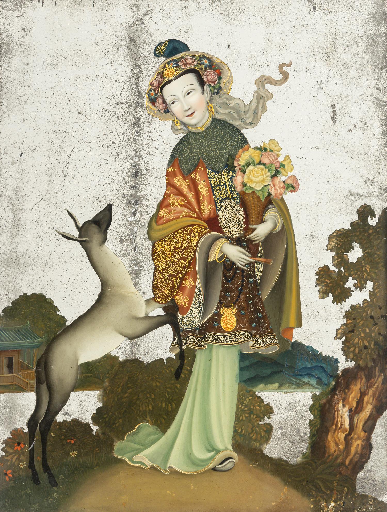 A Pair of Chinese Export Reverse-Painted Mirrors