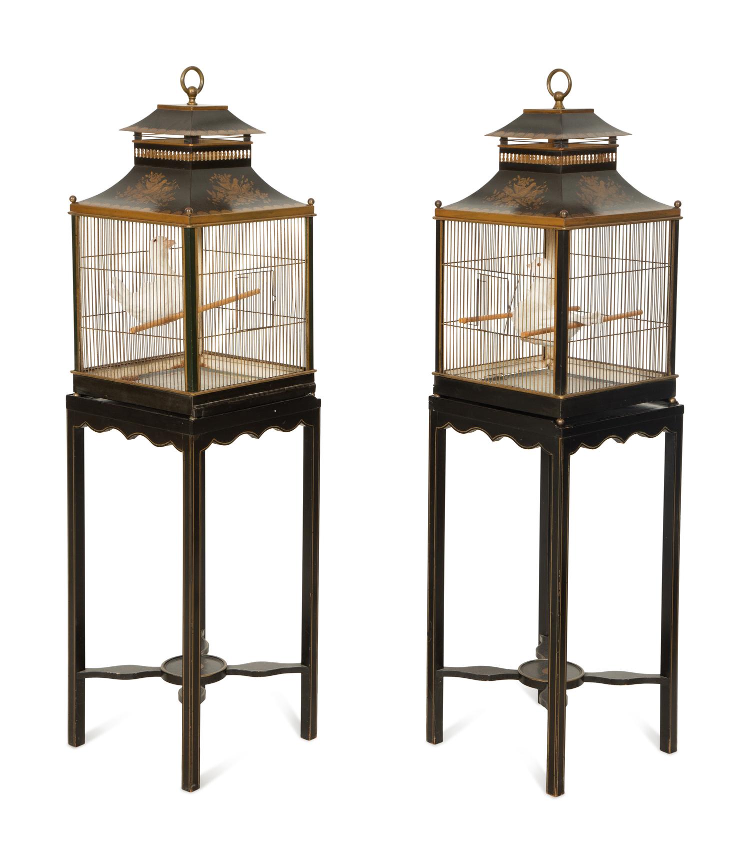 A Pair of Regency Style Tole Birdcages on Stands