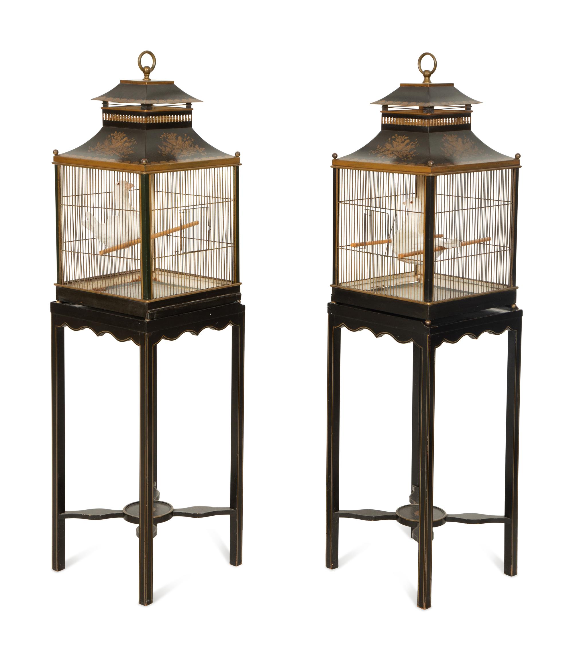 A Pair of Regency Style Tole Birdcages on Stands