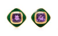 A Pair of 18 Karat Yellow Gold, Amethyst and Enamel Earclips, de Vroomen, 18.90 dwts.