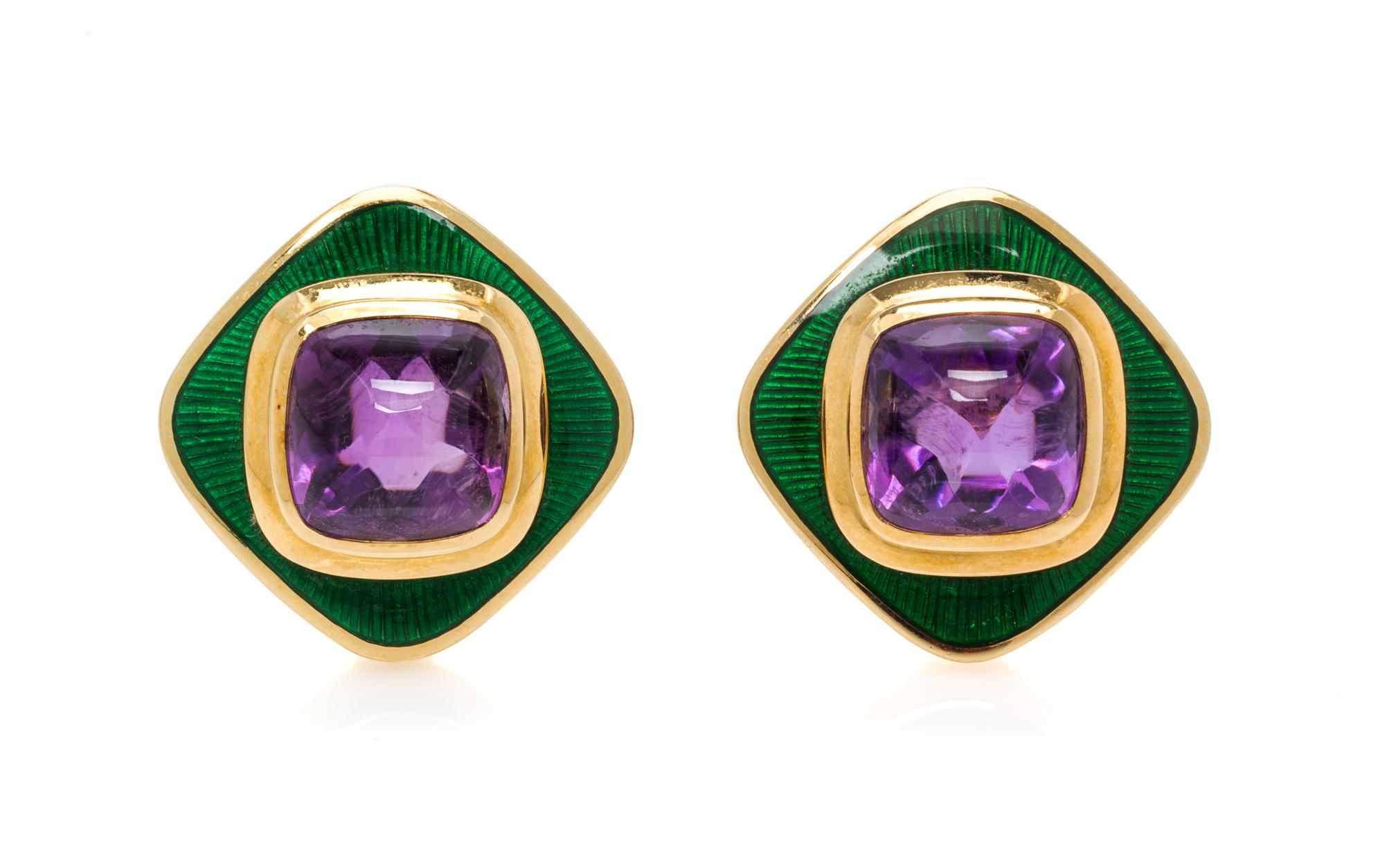 A Pair of 18 Karat Yellow Gold, Amethyst and Enamel Earclips, de Vroomen, 18.90 dwts.