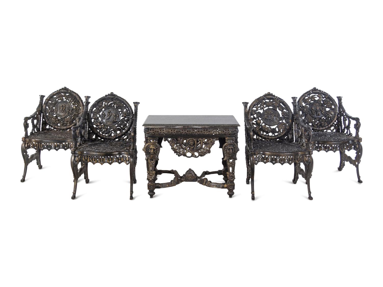 A Suite of Victorian Style Cast Iron Garden Furniture Allegorical of the Seasons