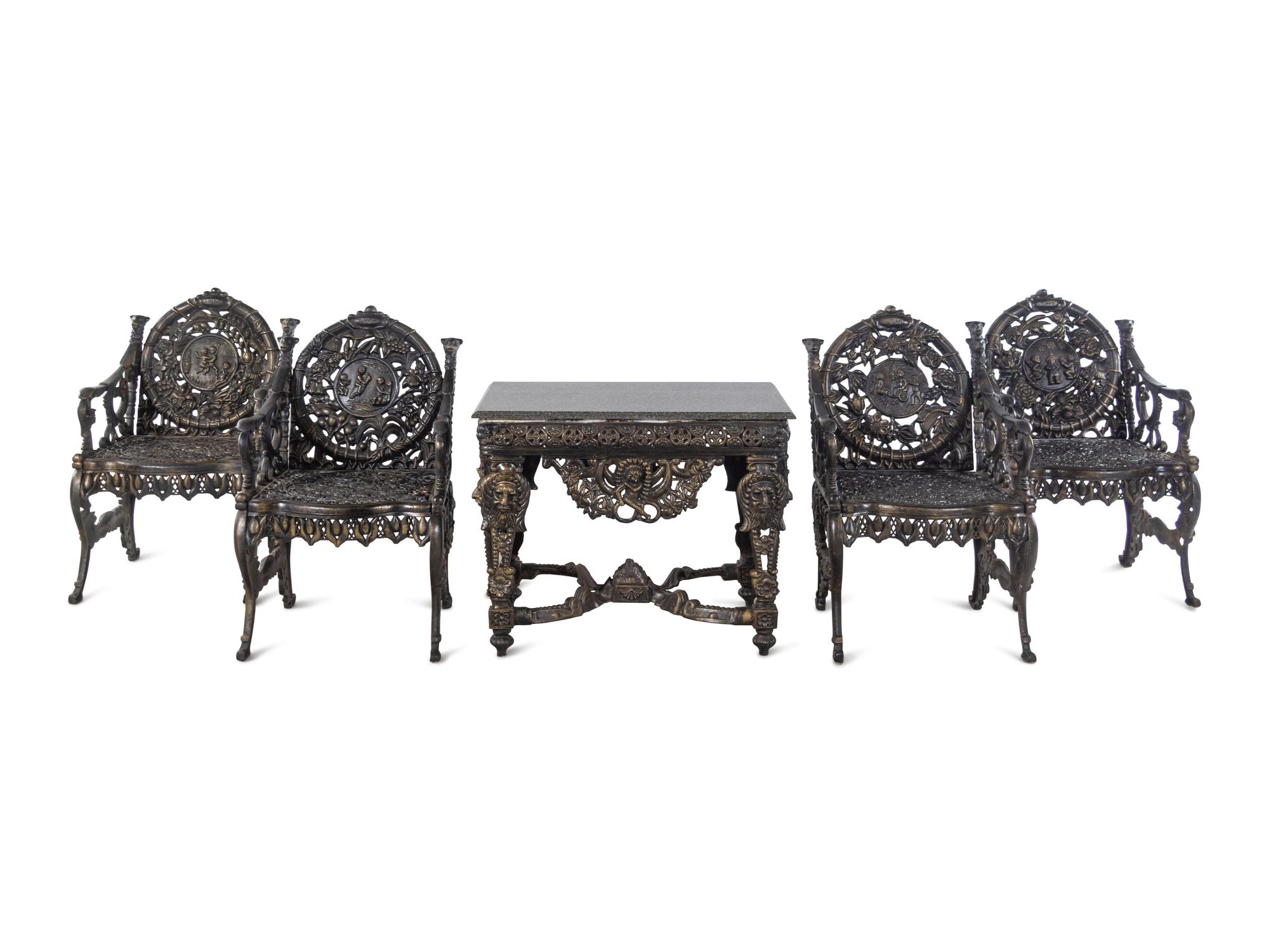 A Suite of Victorian Style Cast Iron Garden Furniture Allegorical of the Seasons