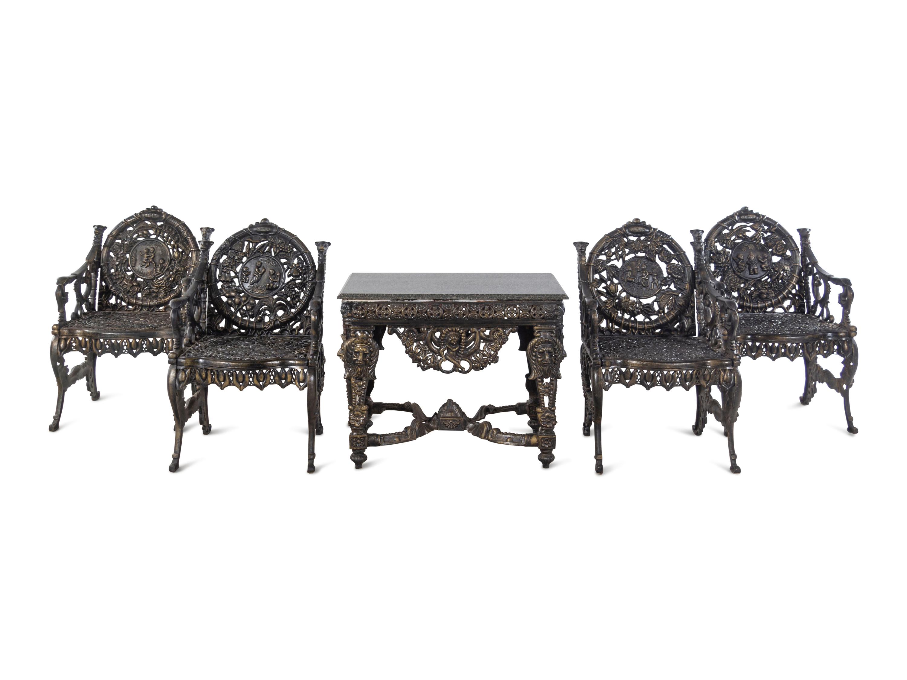 A Suite of Victorian Style Cast Iron Garden Furniture Allegorical of the Seasons