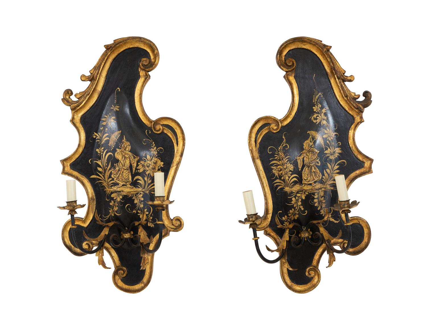 A Pair of English Japanned, Patinated and Gilt Metal Wall Sconces