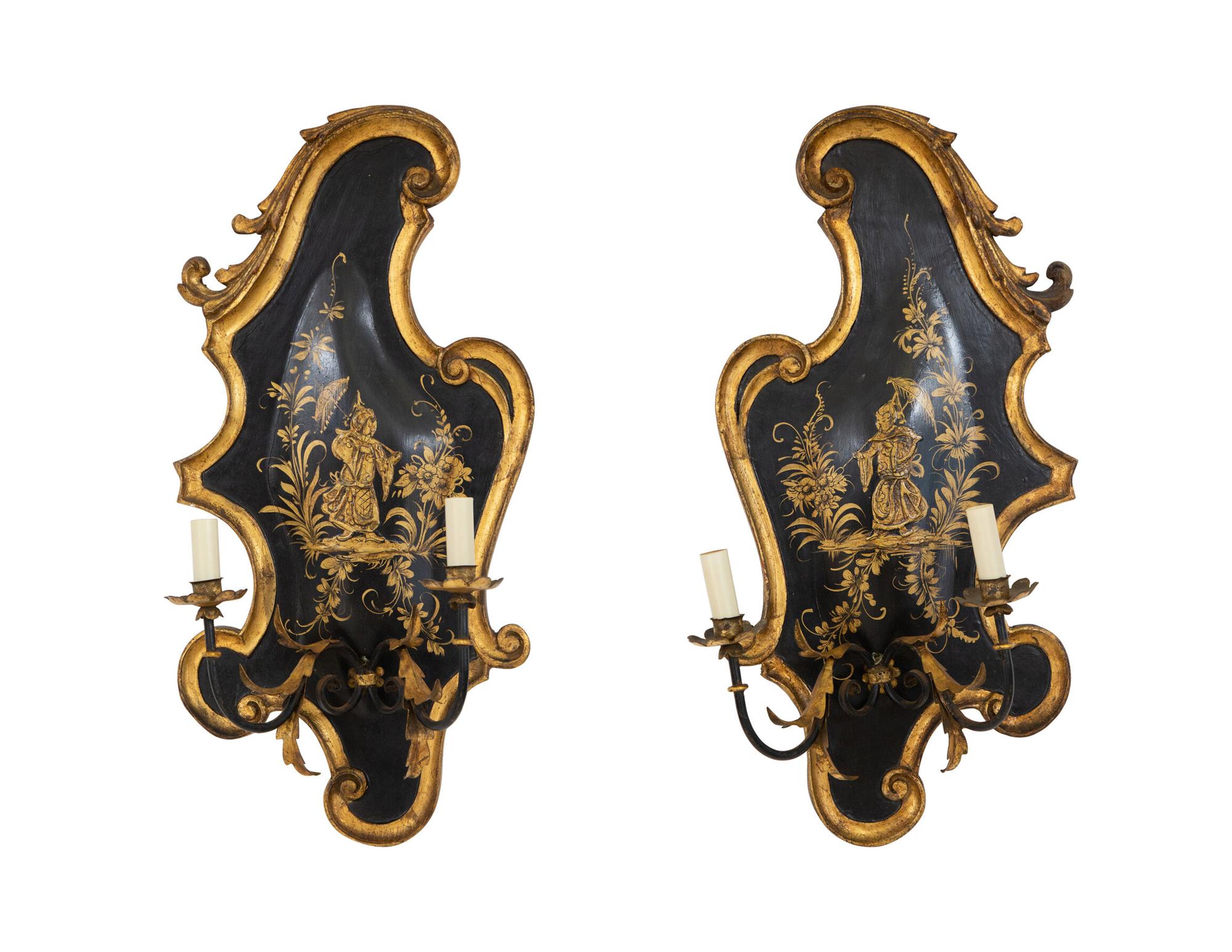 A Pair of English Japanned, Patinated and Gilt Metal Wall Sconces