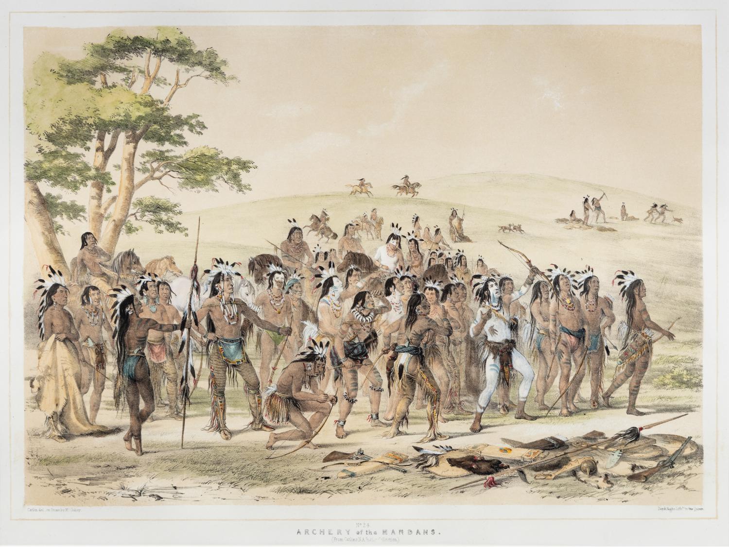 CATLIN, George (1796-1872). Archery of the Mandans . From North American Indian Portfolio , 1844. Plate 8.