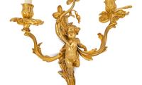 A Pair of Louis XV Style Gilt Bronze Figural Three-Light Sconces