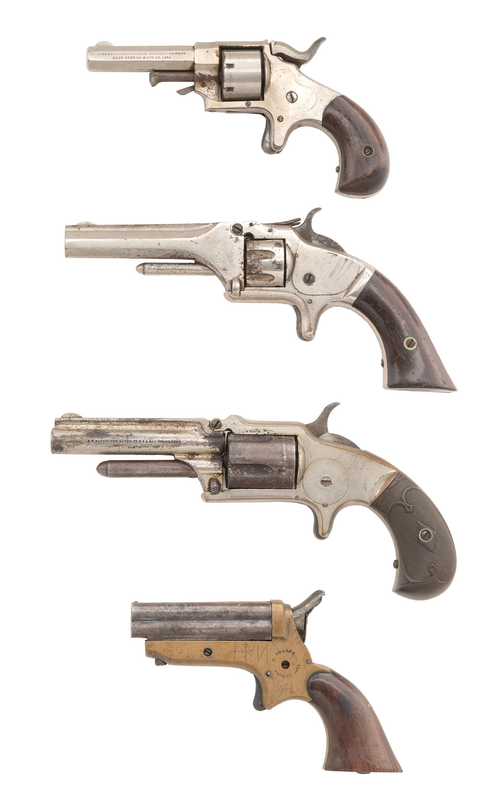 Four Antique Cartridge Pistols: 3 Revolvers & 1 Sharps Pepperbox
