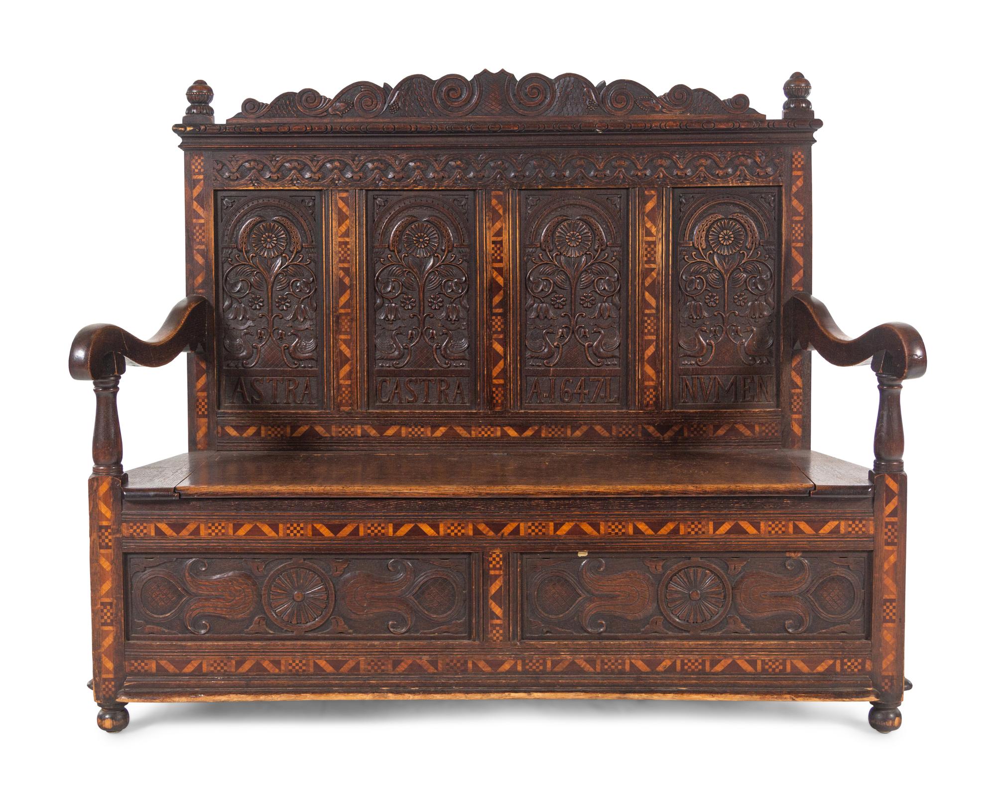 A William and Mary Style Carved Oak and Marquetry Settle