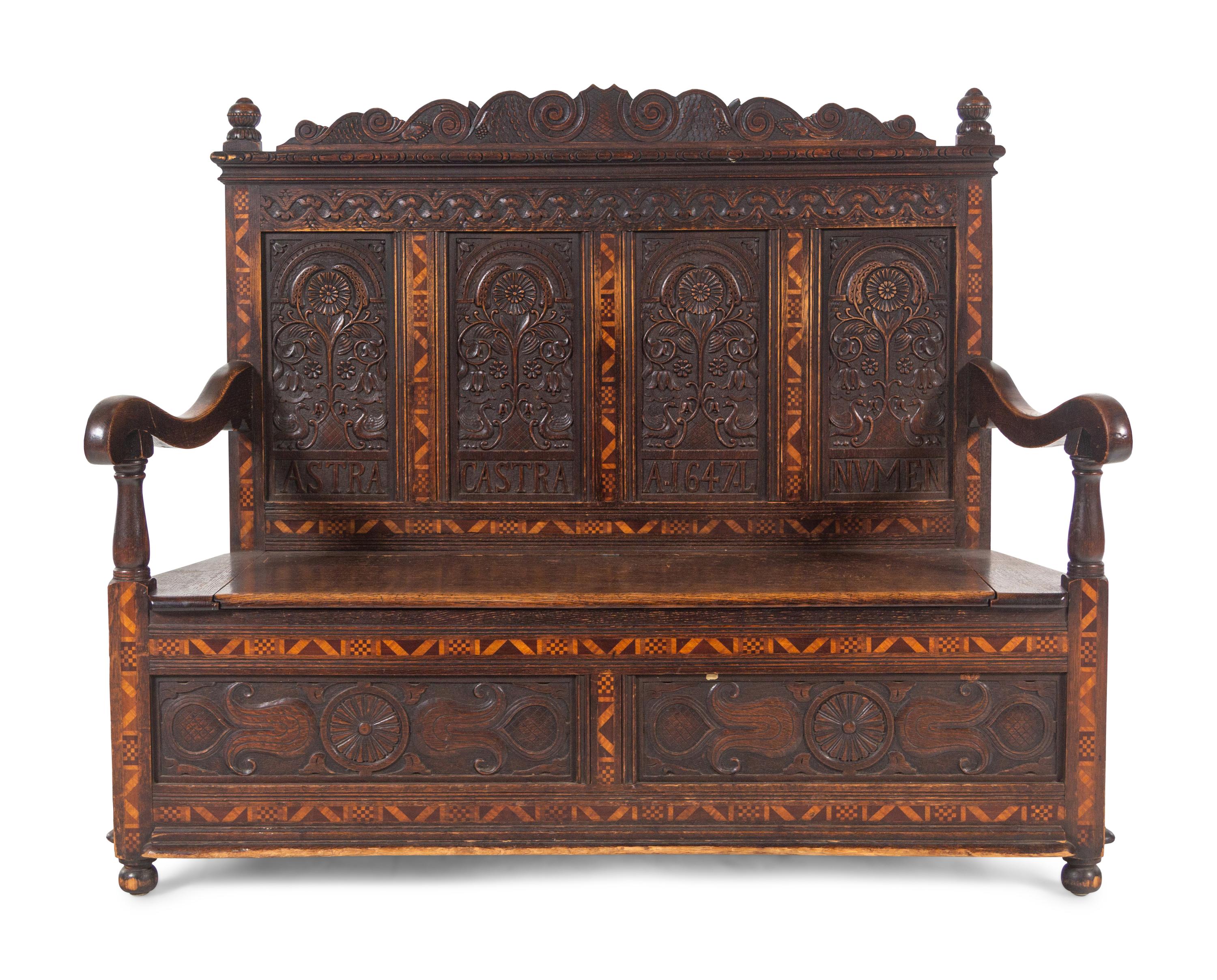 A William and Mary Style Carved Oak and Marquetry Settle