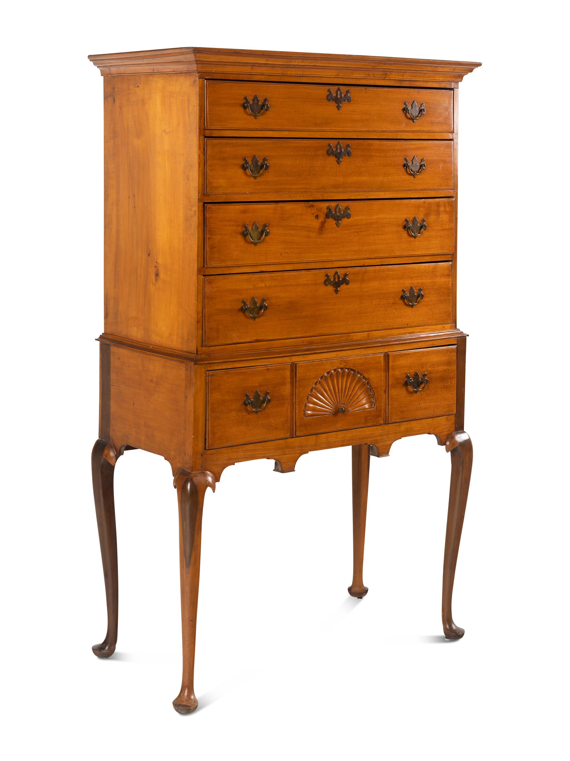 A Queen Anne Fan-Carved Cherrywood Flat-Top High Chest