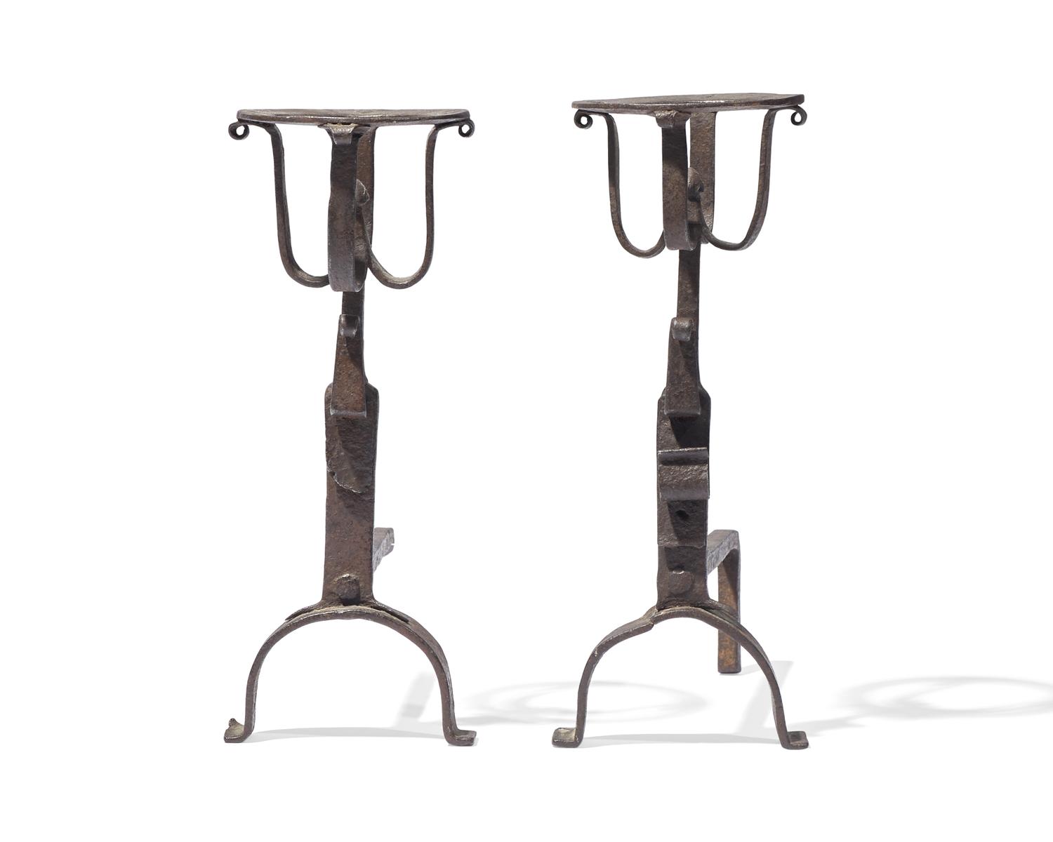 A Miniature Pair of Wrought Iron Andirons