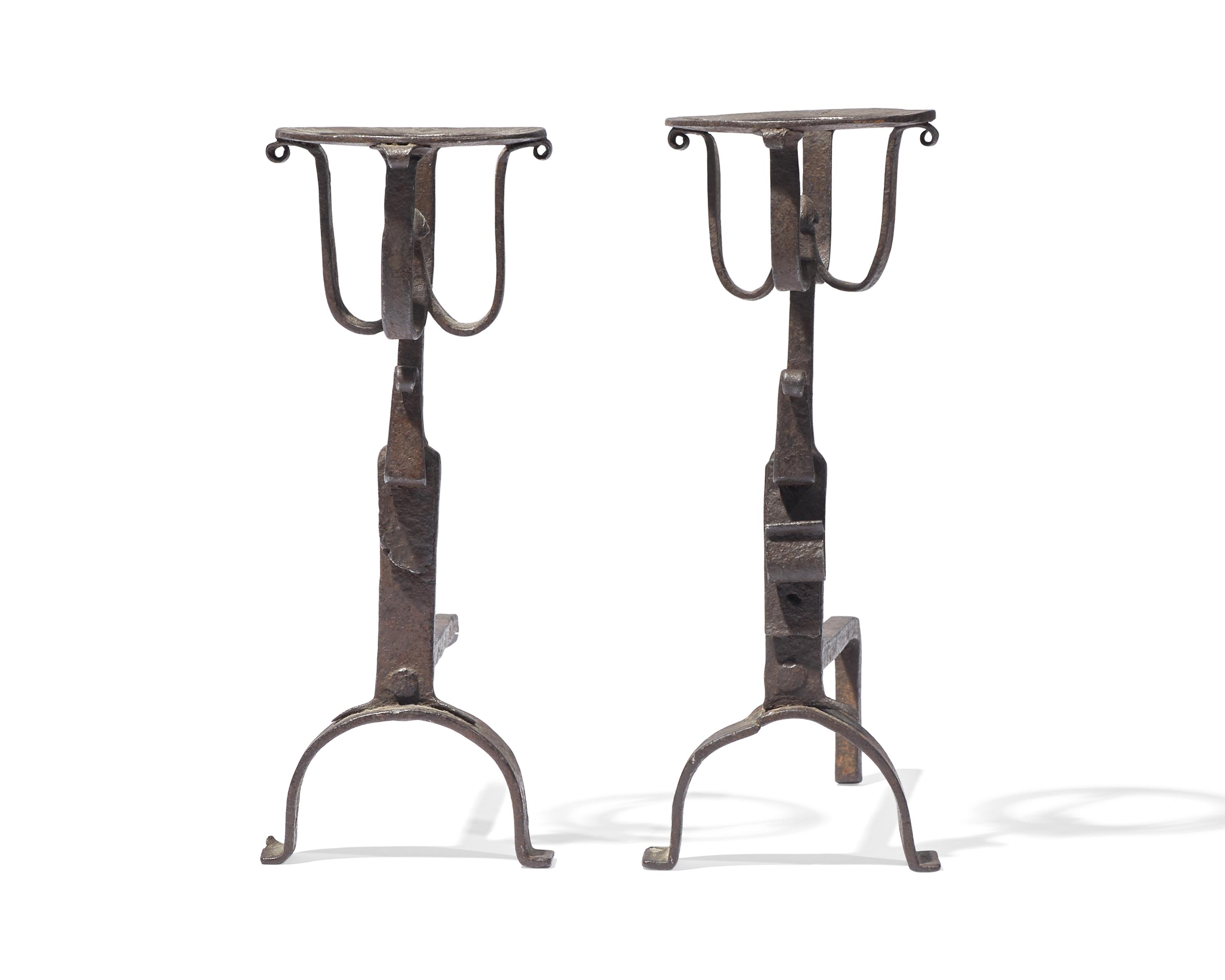 A Miniature Pair of Wrought Iron Andirons