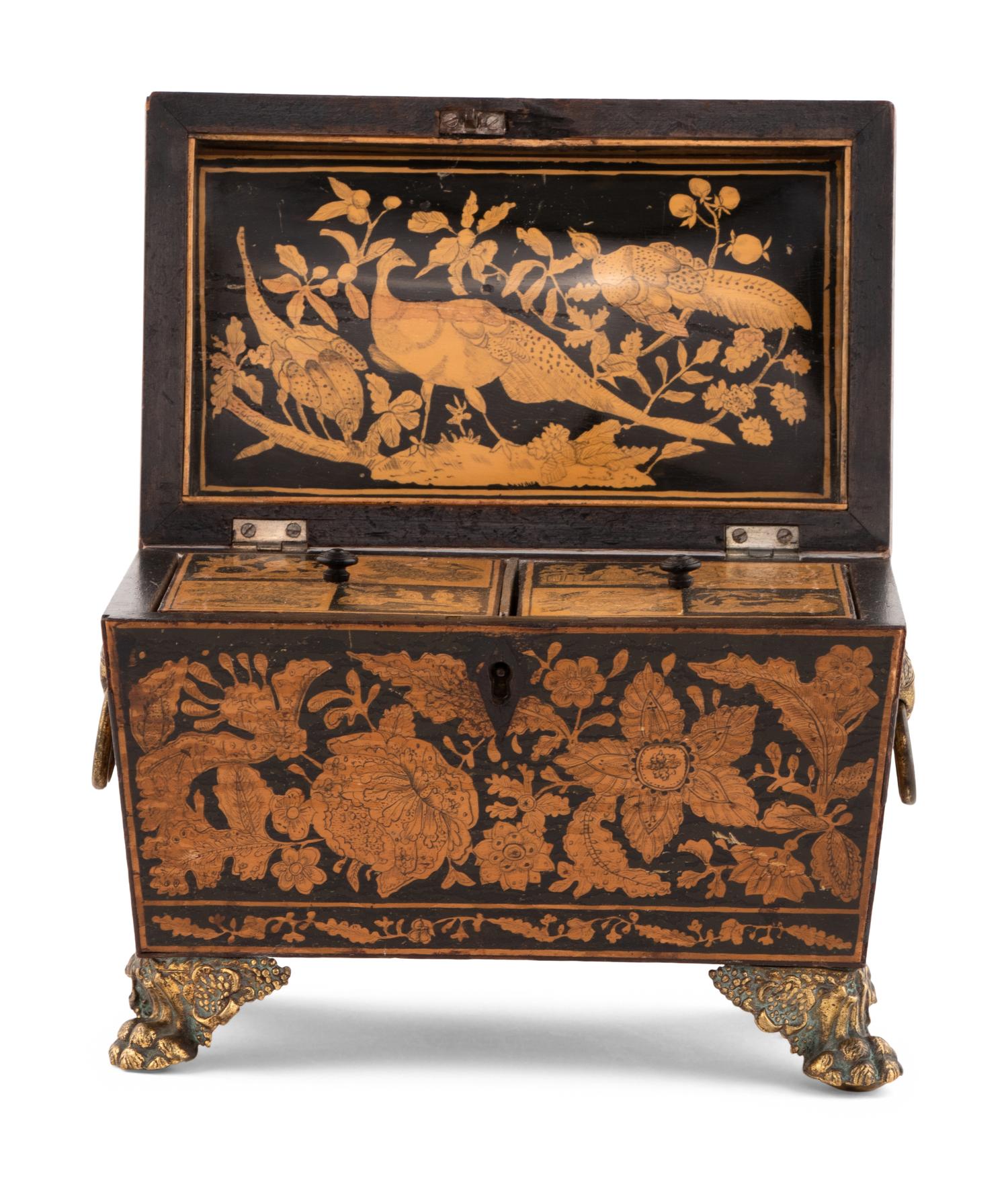 An English Penwork Decorated Tea Caddy