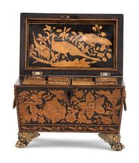 An English Penwork Decorated Tea Caddy