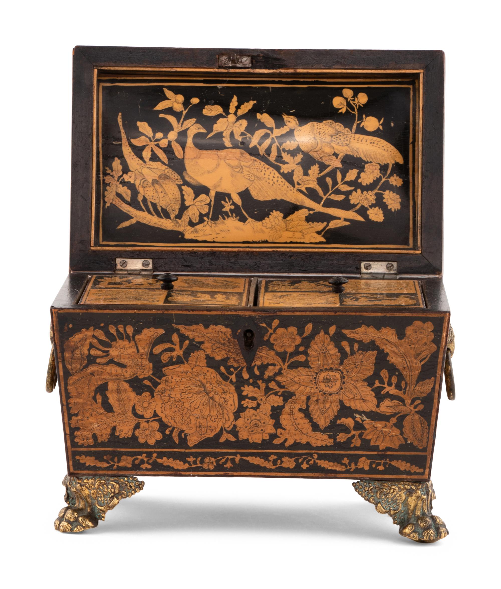 An English Penwork Decorated Tea Caddy
