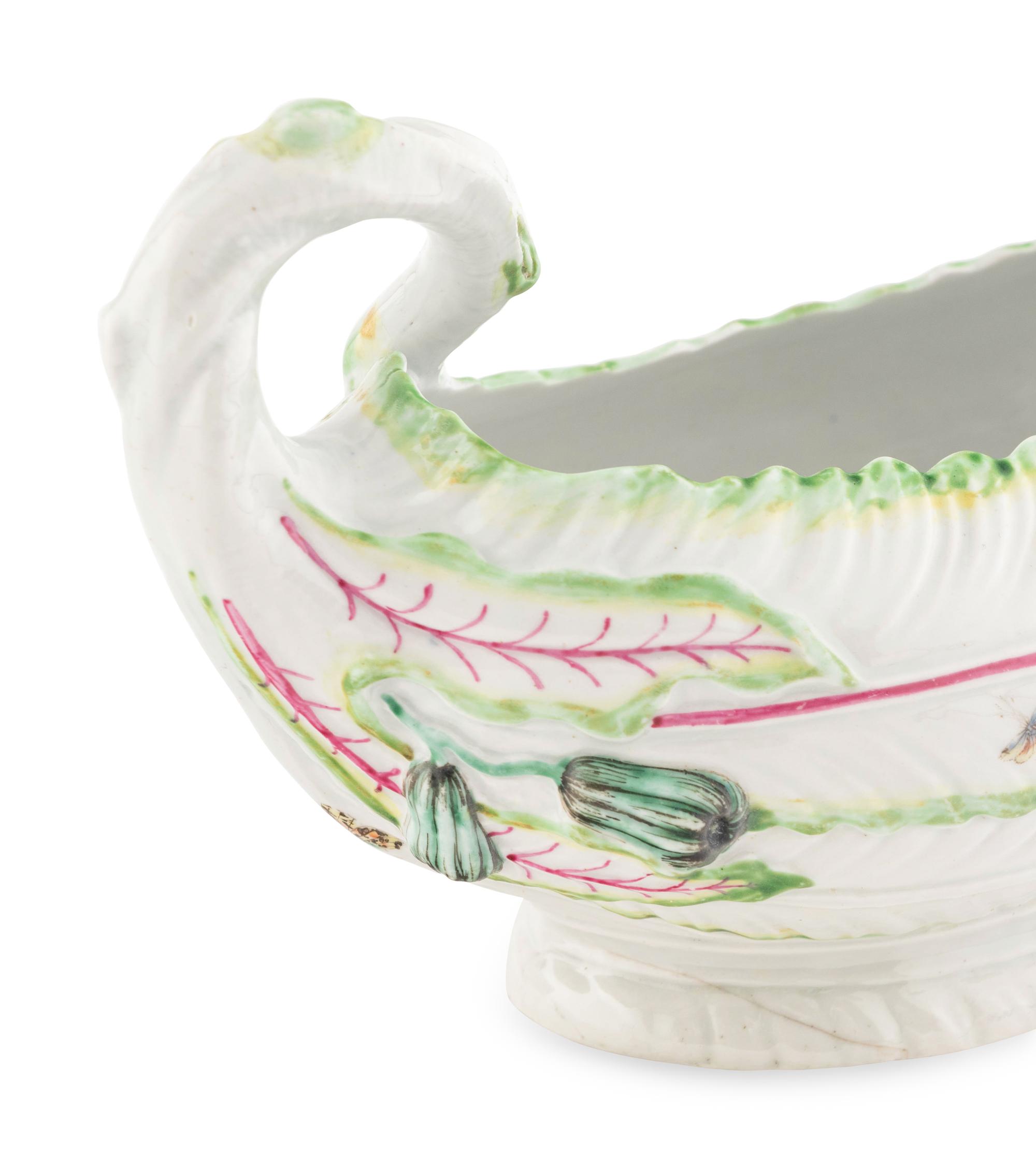 A Pair of Worcester Porcelain Leaf-Molded Sauce Boats