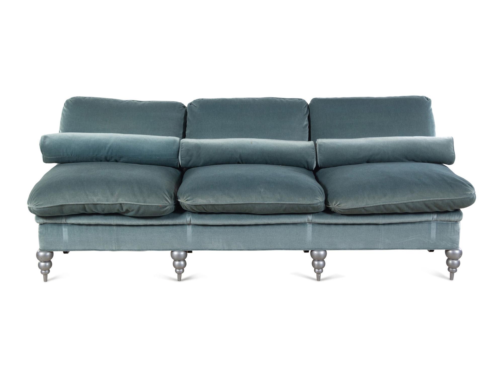 A Custom Velvet-Upholstered Three-Seat Banquette