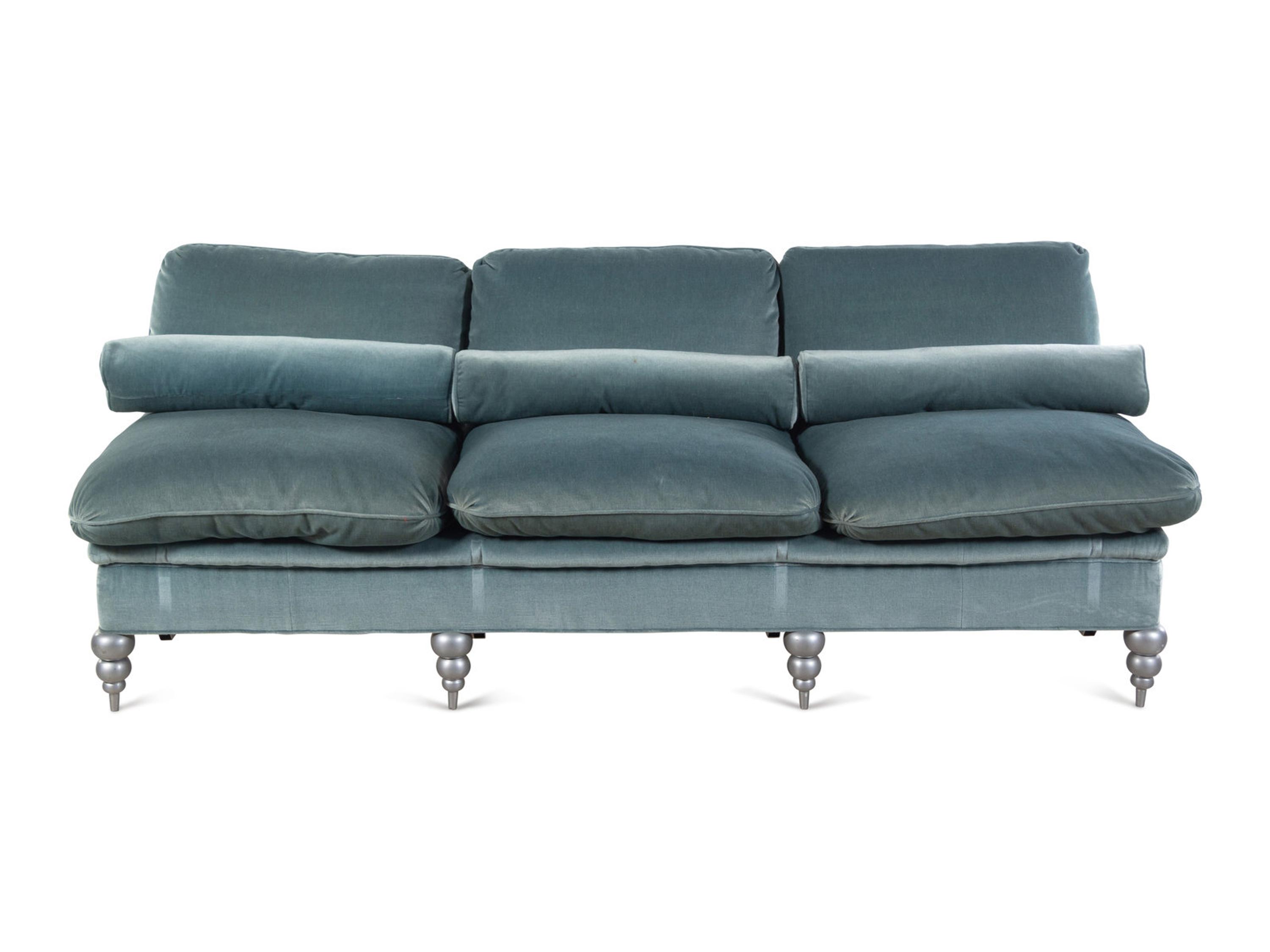 A Custom Velvet-Upholstered Three-Seat Banquette