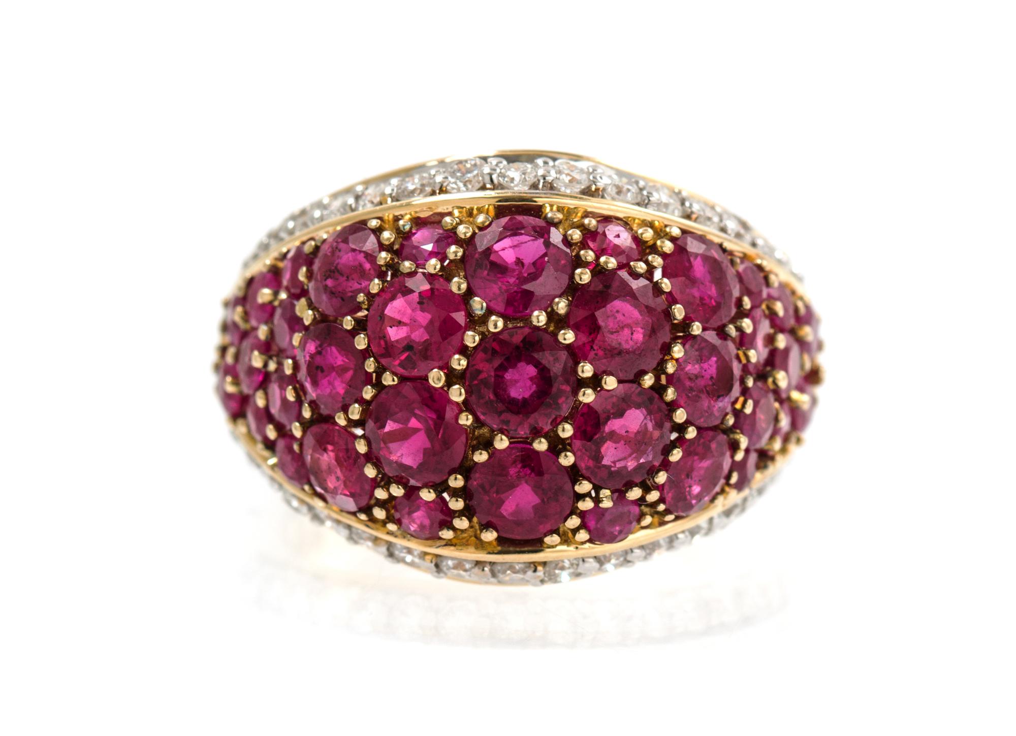 A 14 Karat Yellow Gold, Ruby and Diamond Bombe Ring, 7.10 dwts.