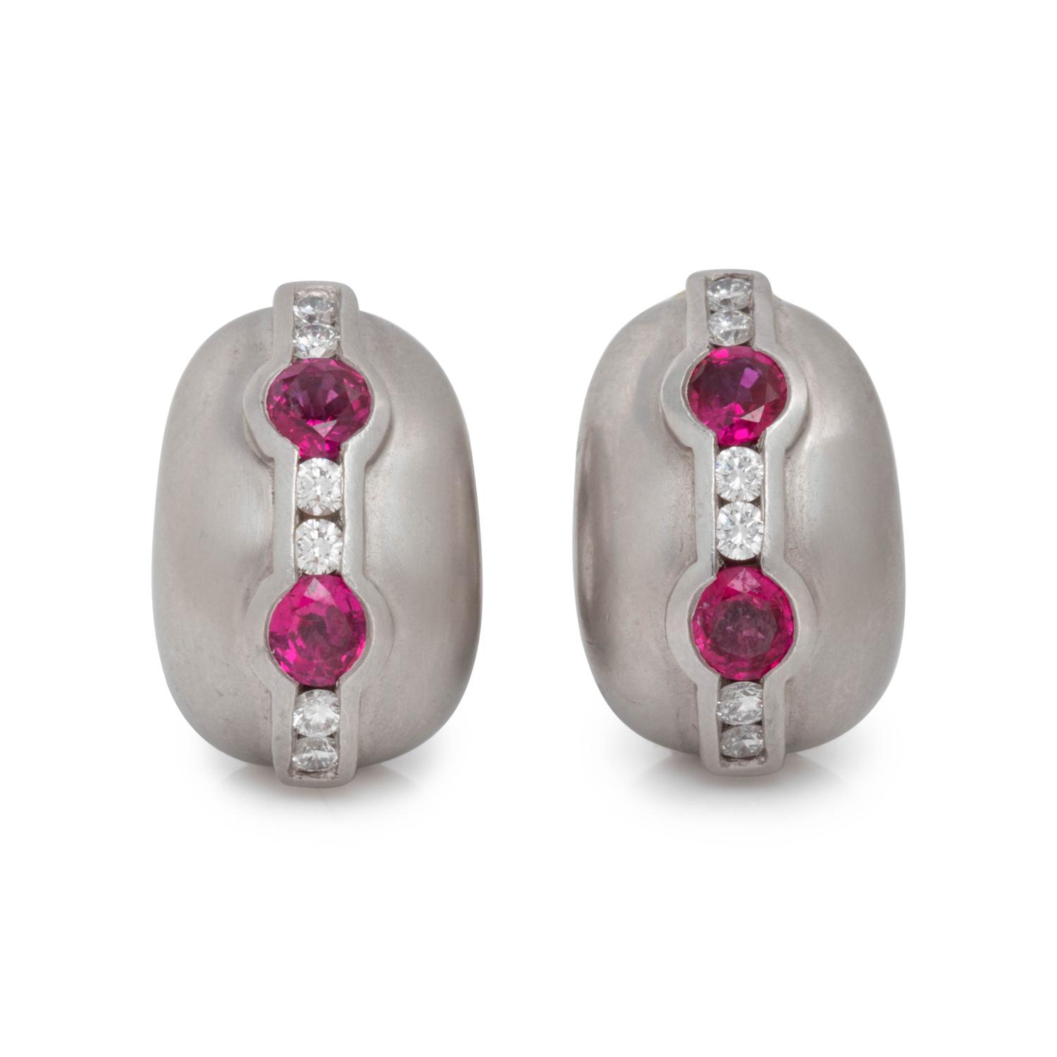 KIESELSTEIN-CORD, WHITE GOLD, RUBY AND DIAMOND EARCLIPS