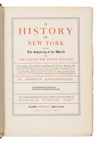 [Parrish, Maxfield (1870-1966), illustrator]. -- Irving, Washington (1783-1859)]. A History of New York from the Beginning of the World to the End of the Dutch Dynasty . London and Boston: D.B. Updike, The Merrymount Press for John Lane, 1900.